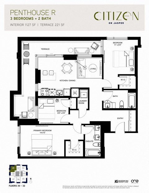 Floor plan for 3 beds, 2 baths, 1127 sqft